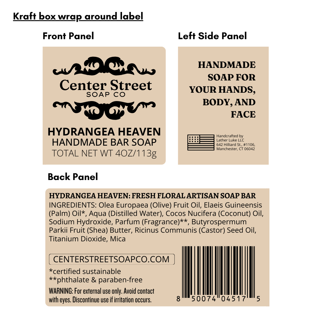 Kraft box wrap label for Hydrangea Heaven Handmade Bar Soap by Center Street Soap Co.