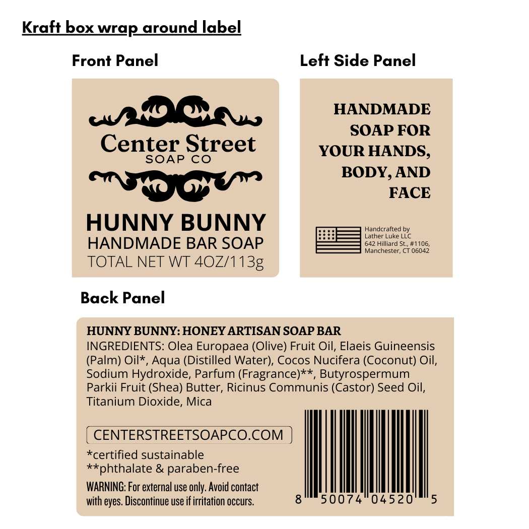 Kraft wrap label for Center Street Soap Co. Hunny Bunny handmade bar soap.