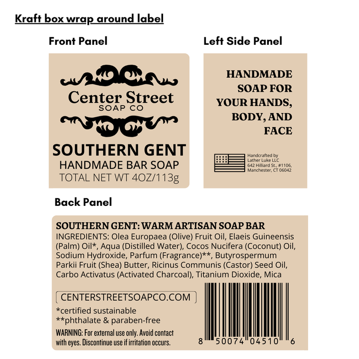 Kraft box wrap label for Center Street Soap Co Southern Gent handmade soap.